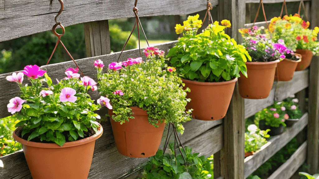 3 fence Hanging Pots on Fen
