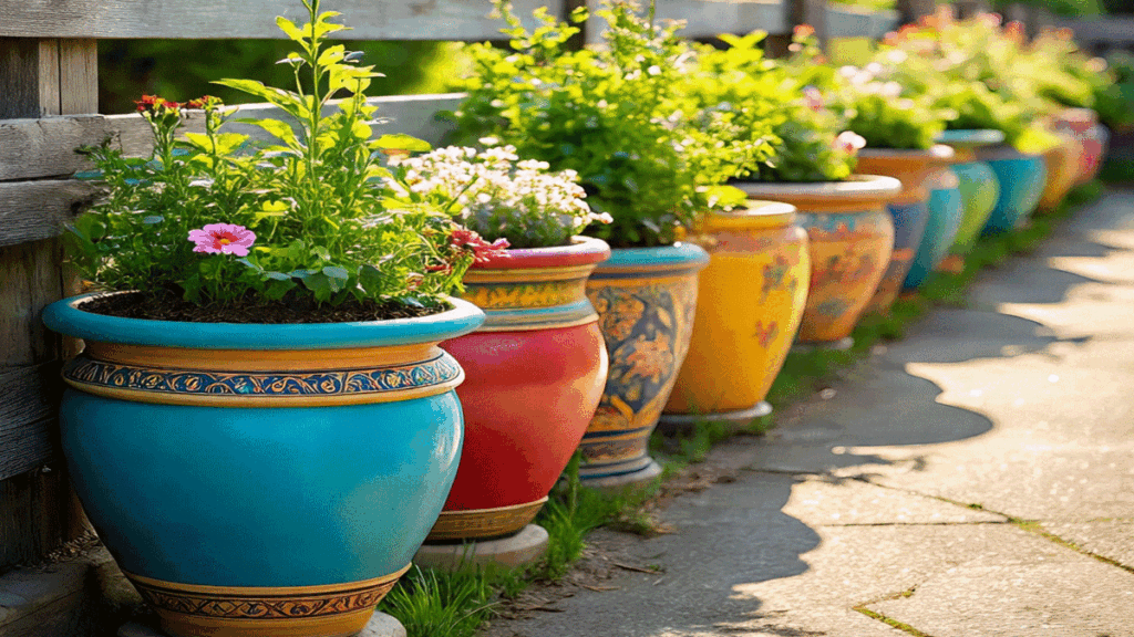 4 fence Row of Pots