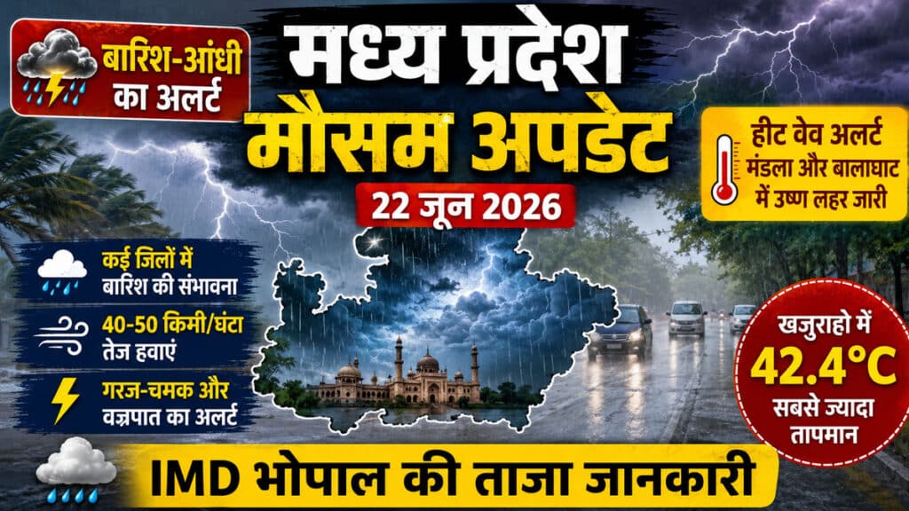 MP Weather Update: 22 जून 2026 को कई जिलों में बारिश, गरज-चमक और तेज हवाओं का अलर्ट, कुछ इलाकों में उष्ण लहर भी जारी MP Weather Update 22 June 2026