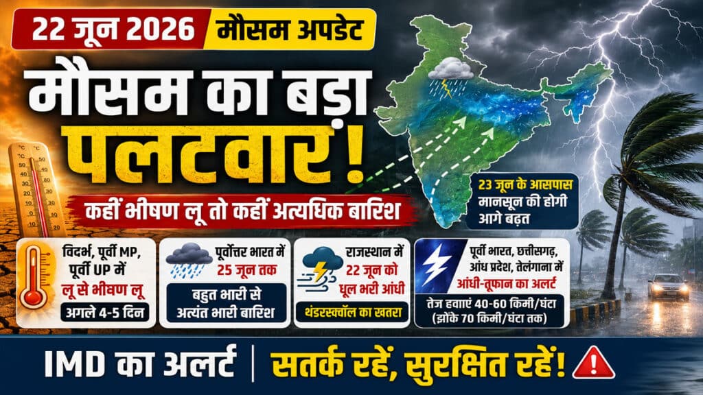 Weather Update: 22 जून से देशभर में मौसम का बदलेगा मिजाज, कहीं अत्यधिक बारिश तो कहीं भीषण गर्मी और आंधी-तूफान का खतरा Weather Update 22 June 2026