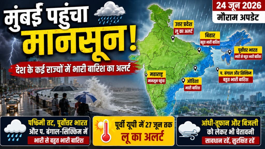 Weather Update: 24 जून से देश के कई हिस्सों में भारी बारिश का अलर्ट, पूर्वी यूपी में जारी रहेगी लू, मुंबई तक पहुंचा मानसून Weather Update 24 June 2026