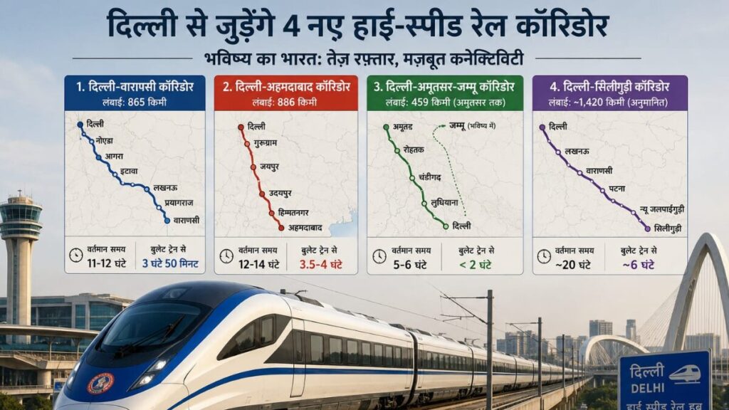 Delhi Bullet Train Hub: दिल्ली से शुरू होंगे 4 बड़े बुलेट ट्रेन कॉरिडोर, वाराणसी से सिलिगुड़ी तक सफर होगा बेहद तेज delhi built train