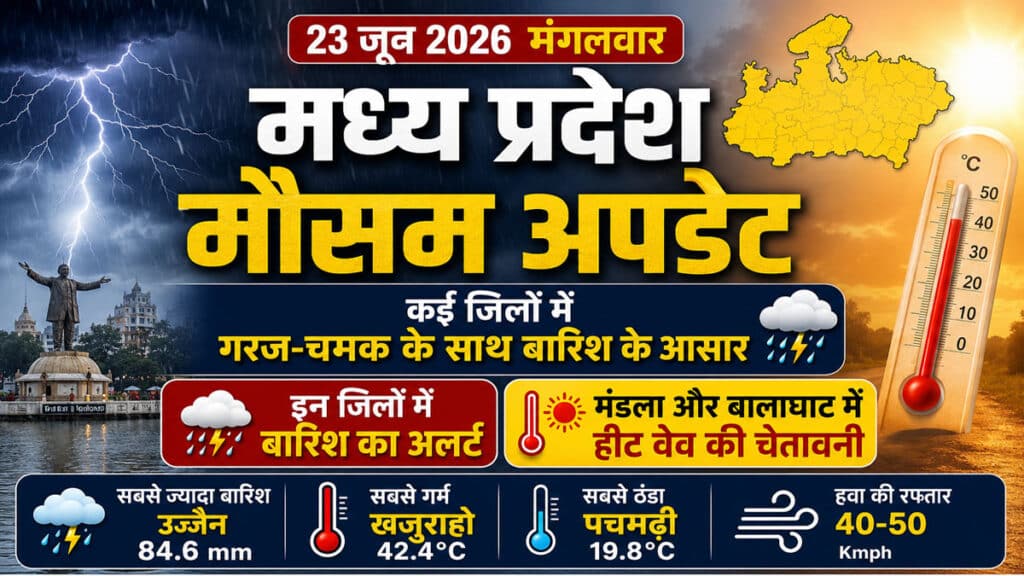 MP Weather Update: मध्य प्रदेश में कई जिलों में गरज-चमक और बारिश के आसार, मंडला-बालाघाट में हीट वेव की चेतावनी MP Weather Update 23 June 2026: