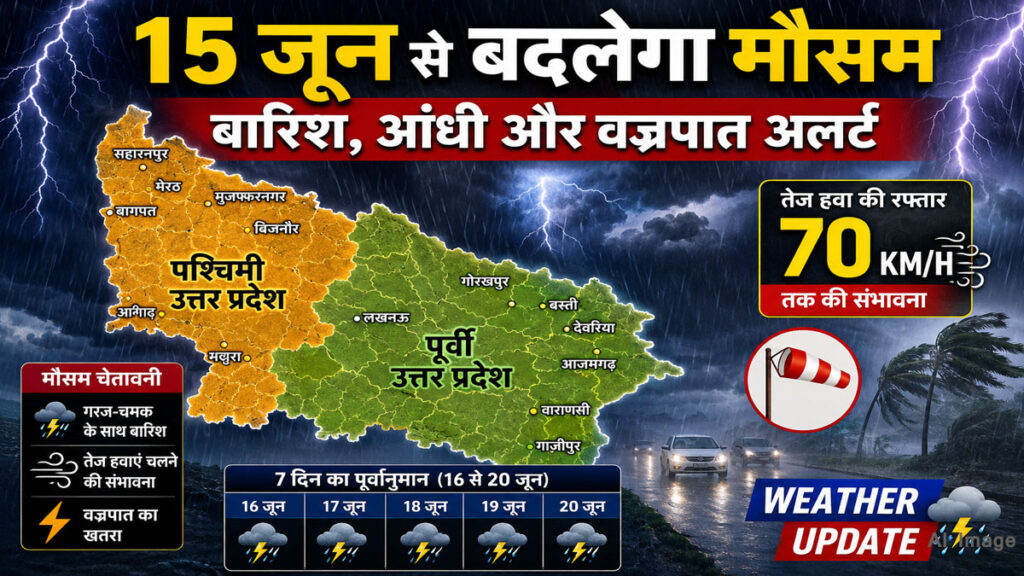UP Weather Update: 15 जून से बदलेगा मौसम का मिजाज, कई जिलों में आंधी-बारिश के आसार, 70 किमी/घंटा तक चल सकती है हवा UP Weather Update 15 June 2026