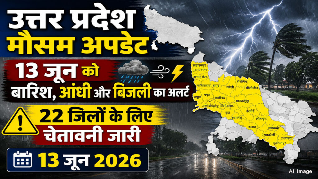 UP Weather Update: 13 जून को बारिश, आंधी और बिजली का अलर्ट, 22 जिलों के लिए चेतावनी जारी uttar pradesh weather update 13 june