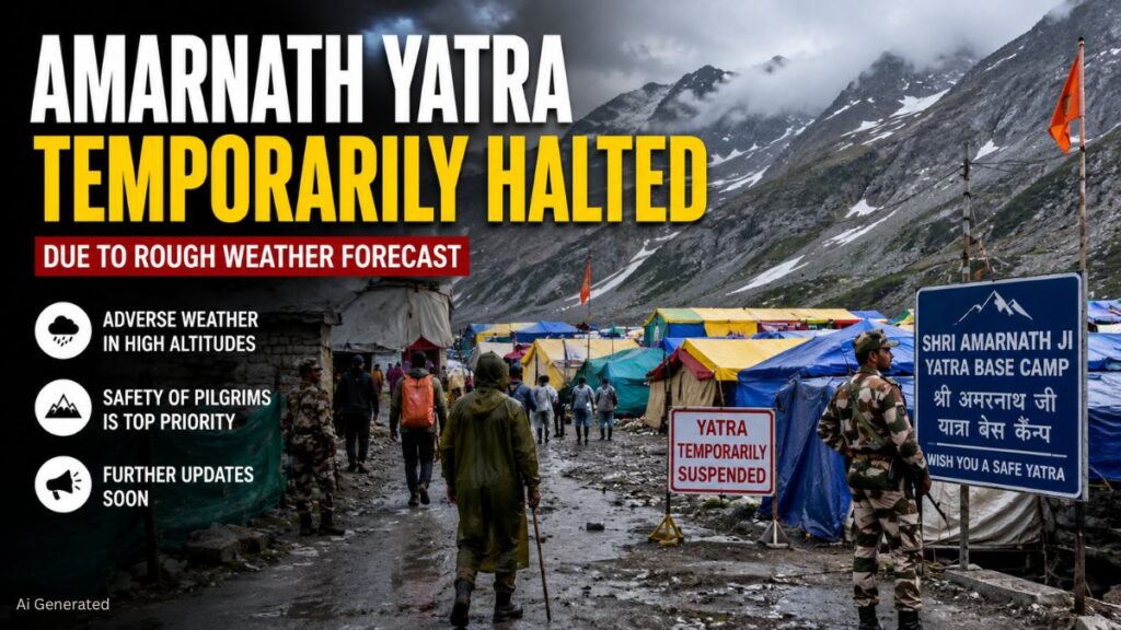 खराब मौसम के चलते अमरनाथ यात्रा अस्थायी रूप से स्थगित, प्रशासन ने श्रद्धालुओं की सुरक्षा को दी प्राथमिकता AMARNATH YATRA TEMPORARILY HALTED