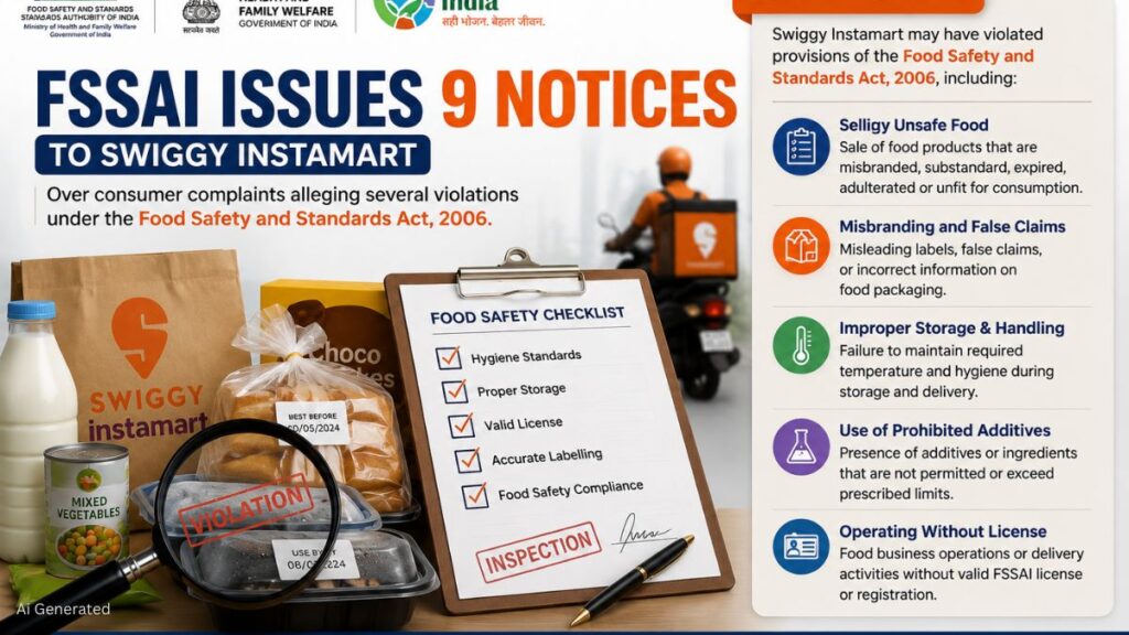 FSSAI ने Swiggy Instamart को भेजे 9 नोटिस, खाद्य सुरक्षा उल्लंघन की शिकायतों पर मांगा जवाब FSSAI ISSUES 9 NOTICES