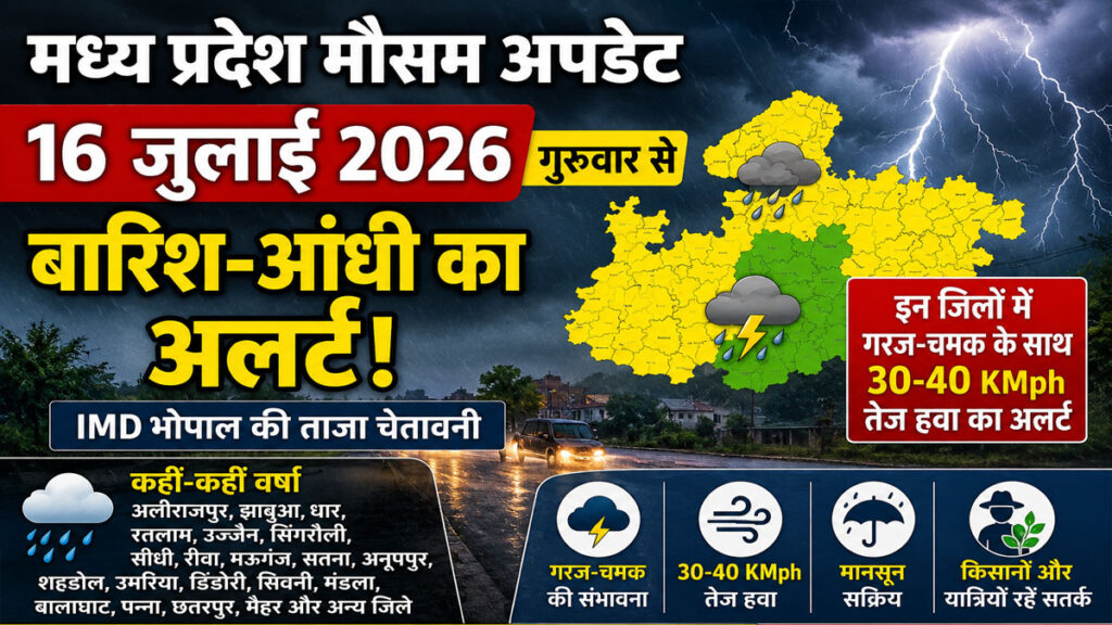 MP Weather Update: मध्य प्रदेश में 16 जुलाई से बदलेगा मौसम, इन जिलों में गरज-चमक और तेज हवा का खतरा MP Weather Update 16 July 2026