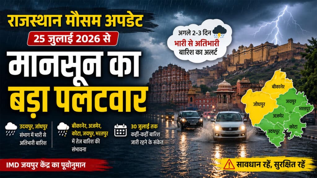 Rajasthan Weather Update: राजस्थान में मानसून का बड़ा पलटवार, 25 जुलाई से भारी से अतिभारी बारिश का अलर्ट Rajasthan Weather Update 25 July 2026