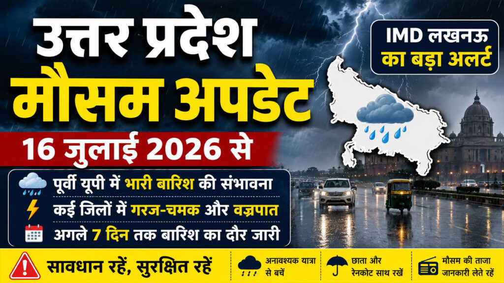 UP Weather Update: उत्तर प्रदेश में अगले 7 दिन बरसेंगे बादल, जानिए कब और कहां होगी सबसे ज्यादा बारिश UP Weather Update 16 July 2026