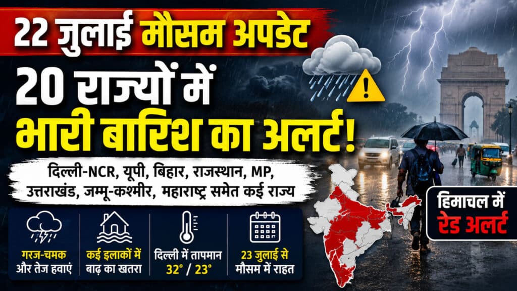 Weather Update: यूपी, बिहार समेत 20 राज्यों में भारी बारिश का अलर्ट, कई इलाकों में बाढ़ का खतरा Weather Update 22 July 2026