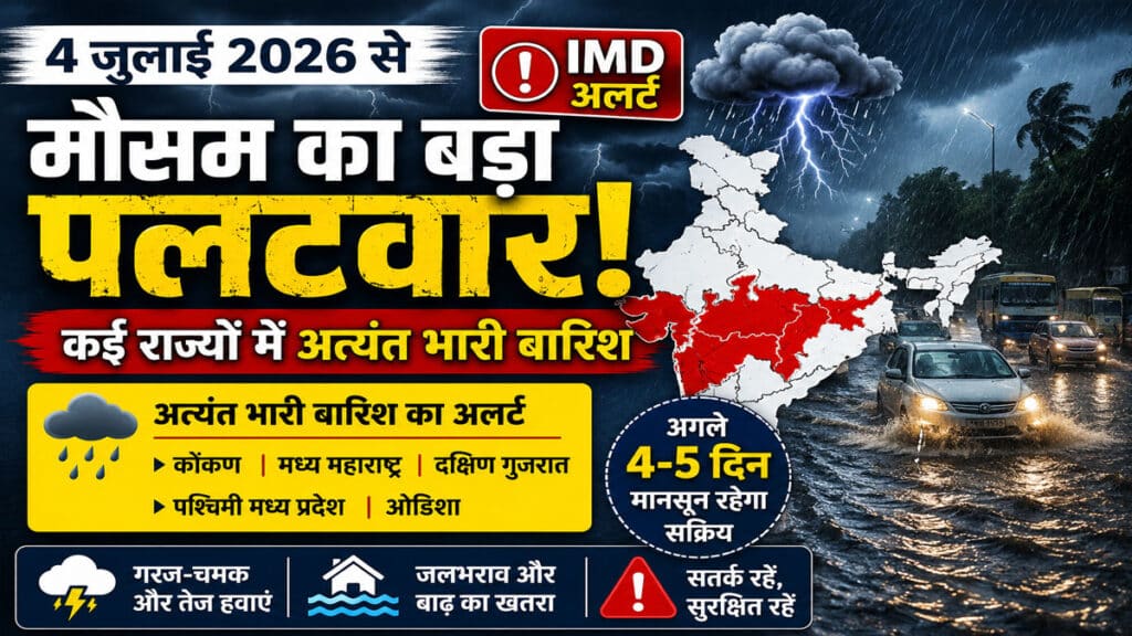 Weather Update: मानसून हुआ सुपर एक्टिव! मध्य भारत से गुजरात तक भारी से अत्यंत भारी बारिश की चेतावनी Weather Update 4 July 2026