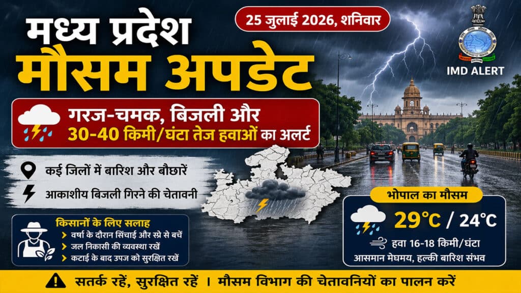 MP Weather Update: मध्य प्रदेश में मौसम का यू-टर्न, भोपाल समेत कई जिलों में बिजली और बारिश की चेतावनी MP Weather Update 25 July 2026