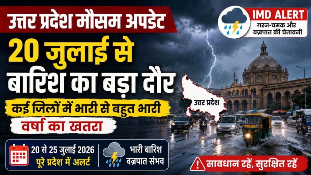 UP Weather Update: उत्तर प्रदेश में फिर बिगड़ेगा मौसम, 25 जुलाई तक बारिश और बिजली गिरने का खतरा UP Weather Update 20 July 2026