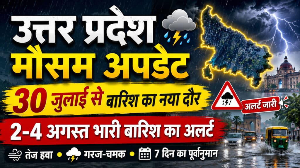 UP Weather Update: उत्तर प्रदेश में मानसून का नया दौर, 2 से 4 अगस्त तक भारी बारिश की चेतावनी, जानें अपने जिले का हाल UP Weather Update 30 July 2026