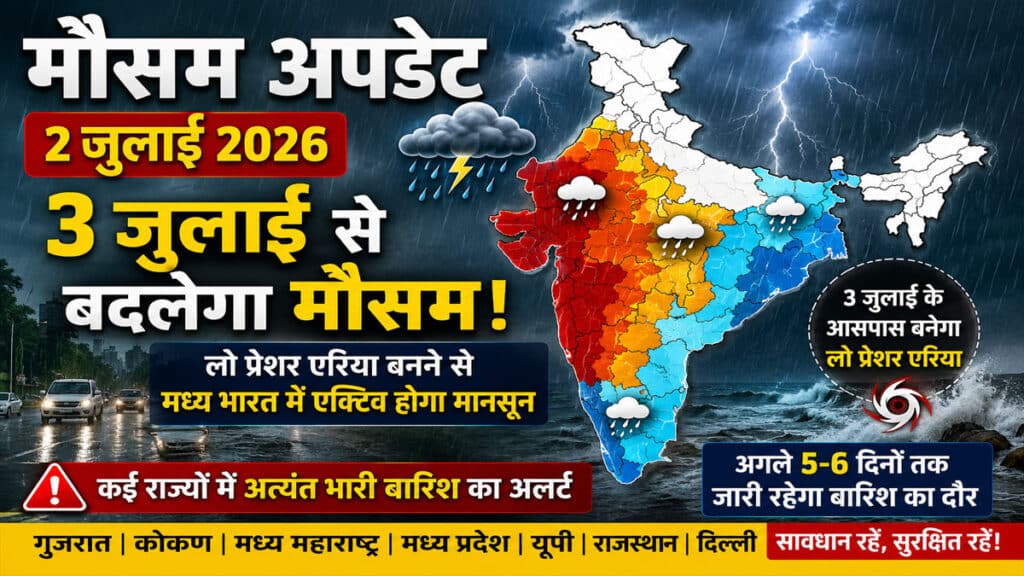 Weather Update: 3 जुलाई से बदलेगा मौसम, लो प्रेशर बनते ही कई राज्यों में मूसलाधार बारिश का अलर्ट Weather Update 2 July 2026
