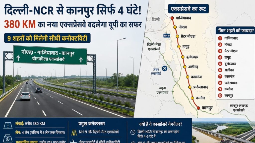 दिल्ली-NCR से कानपुर सिर्फ 4 घंटे! 380 KM का नया एक्सप्रेसवे बदलेगा यूपी का सफर, 9 शहरों को मिलेगी सीधी कनेक्टिविटी Noida-Ghaziabad-Kanpur Expressway