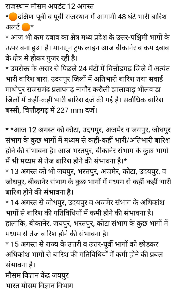 Rajasthan Weather Update: राजस्थान में मानसून का भयंकर तांडव! 13 अगस्त को इन जिलों में भारी बारिश, वज्रपात और आंधी की चेतावनी 1 image 34