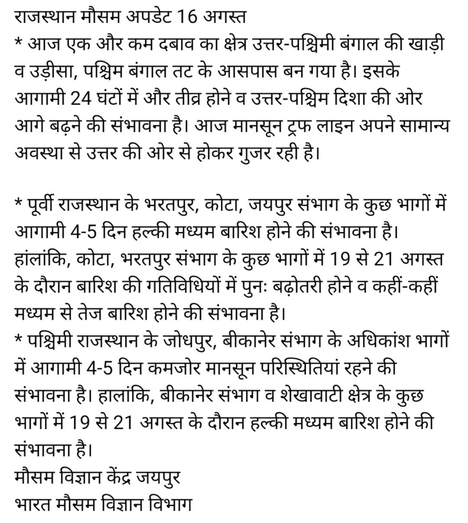 Rajasthan Weather Update: जयपुर से कोटा तक छाएंगे बादल, 17 अगस्त को कई इलाकों में बारिश की संभावना, जानें IMD का ताजा अपडेट 1 image 44