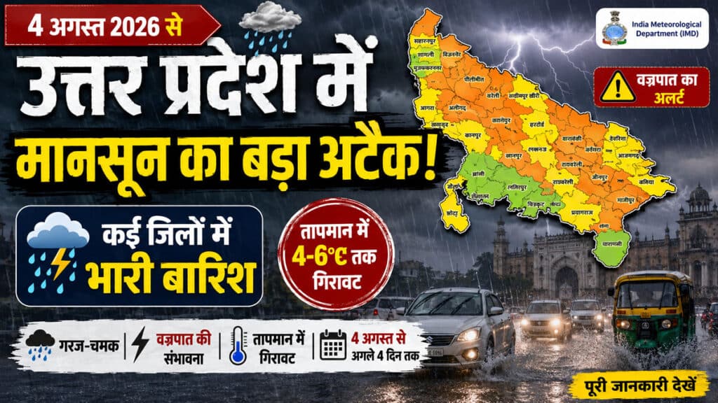 UP Weather Update: घर से निकलने से पहले पढ़ लें, 4 अगस्त से यूपी के कई जिलों में भारी बारिश का हाई अलर्ट UP Weather Update 4 August 2026
